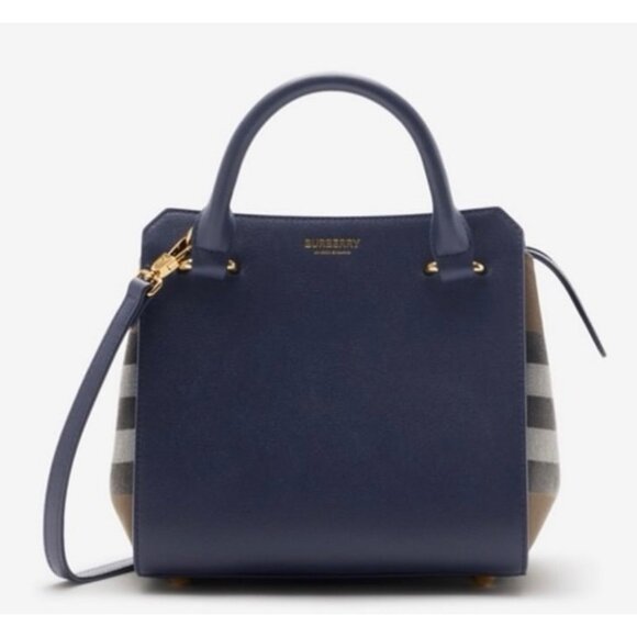 Burberry Calfskin Mega Check Mini Banwell Tote Dark Canvas Blue 8084486 - Picture 1 of 14